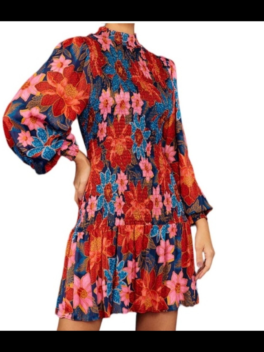 🌼B2G1🌼 FARM Rio Blue Mini Dress with Red & Pink Floral Print NWT